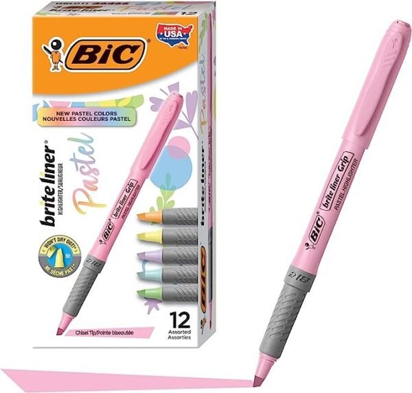 BIC Brite Liner Grip Pastel Highlighter Set, Chisel Tip, 12-Count Pack of Pastel Highlighters in Assorted Colors, Cute Highlighters for Bullet Journaling, Note Taking and More