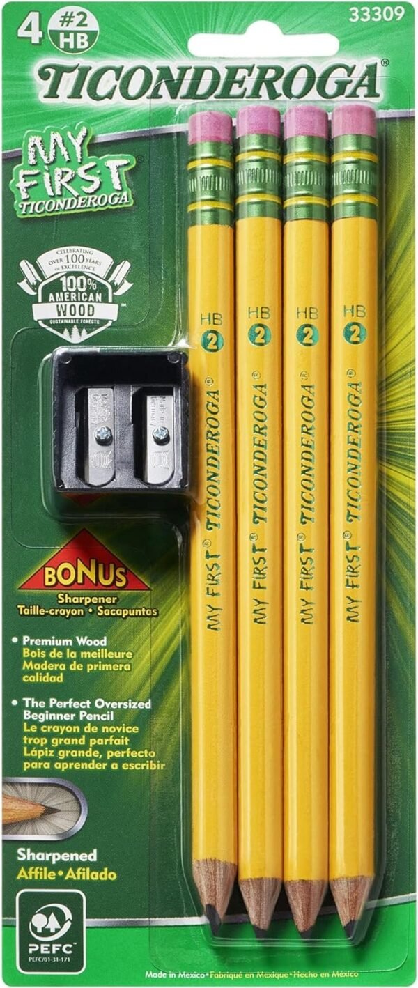 Ticonderoga My First Wood-Cased Pencils, Pre-Sharpened, 2 HB, With Sharpener, Yellow, 4 Count