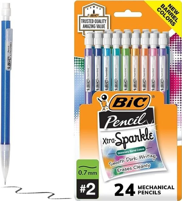BIC Xtra-Sparkle Number 2 Mechanical Pencils With Erasers (MPLP241-BLK), Medium Point (0.7mm), 24-Count Pack, Cute Mechanical Pencils For Girls, Boys and Adults (Barrel Colors May Vary)