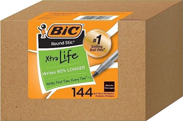 BIC Round Stic Xtra Life Ballpoint Ink Pens, Medium Point (1.0mm), Black Pens, Flexible Round Barrel For Writing Comfort, 144-Count